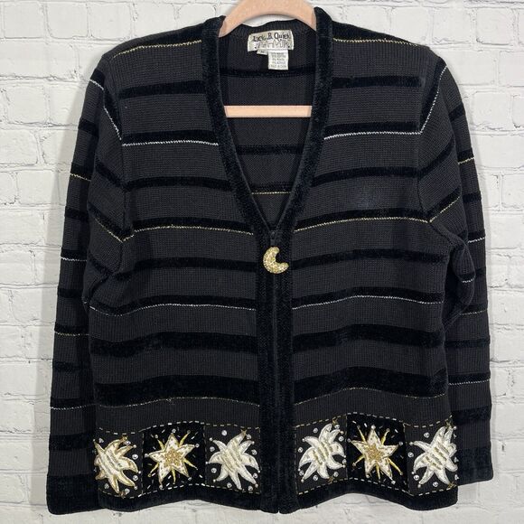 Jack B Quick Cardigan Women Medium Black Beaded Embroidered Christmas Holiday - Picture 1 of 13